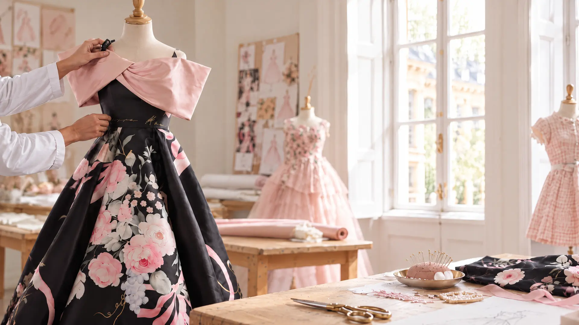 Maison Ava atelier with couture gowns on dress forms